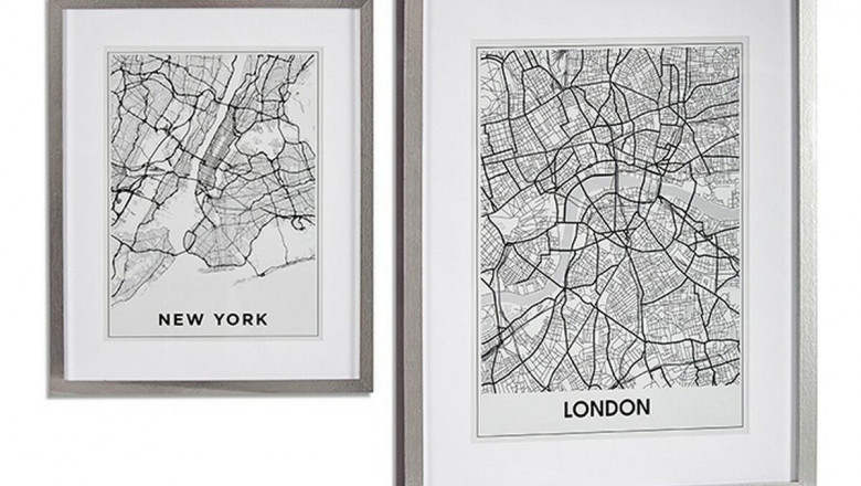 Painting London New York Silver Wood Glass (43 x 3 x 53 cm)- Qubyk UK