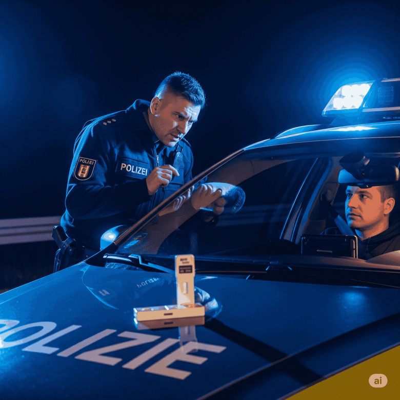  Deutsche Polizei kontrolliert Autofahrer wegen Drogentest bei Nacht.