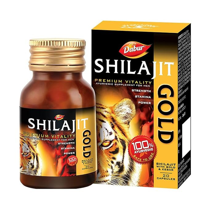 Dabur Shilajit Gold Capsule combines time-tested Ayurvedic ingredients like Ashwagandha, Safed Musali, Swarna Bhasma and Kesar to support male strength, endurance, and energy. 
